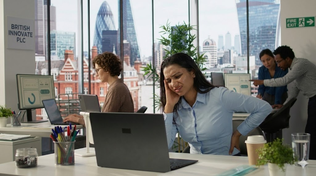 Office worker in London looks distressed, holding her head and lower back while at her desk