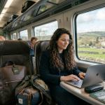 A woman sitting on a train, focused on her laptop, with a window view of the passing landscape behind her