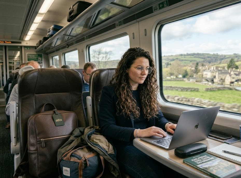 A woman sitting on a train, focused on her laptop, with a window view of the passing landscape behind her